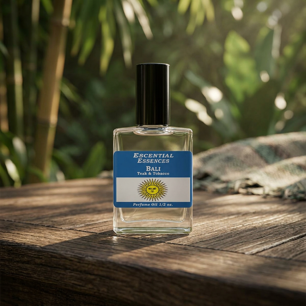 Small Bali perfume oil bottle on textured wooden surface, surrounded by lush greenery and bamboo, highlighting an exotic tropical theme.