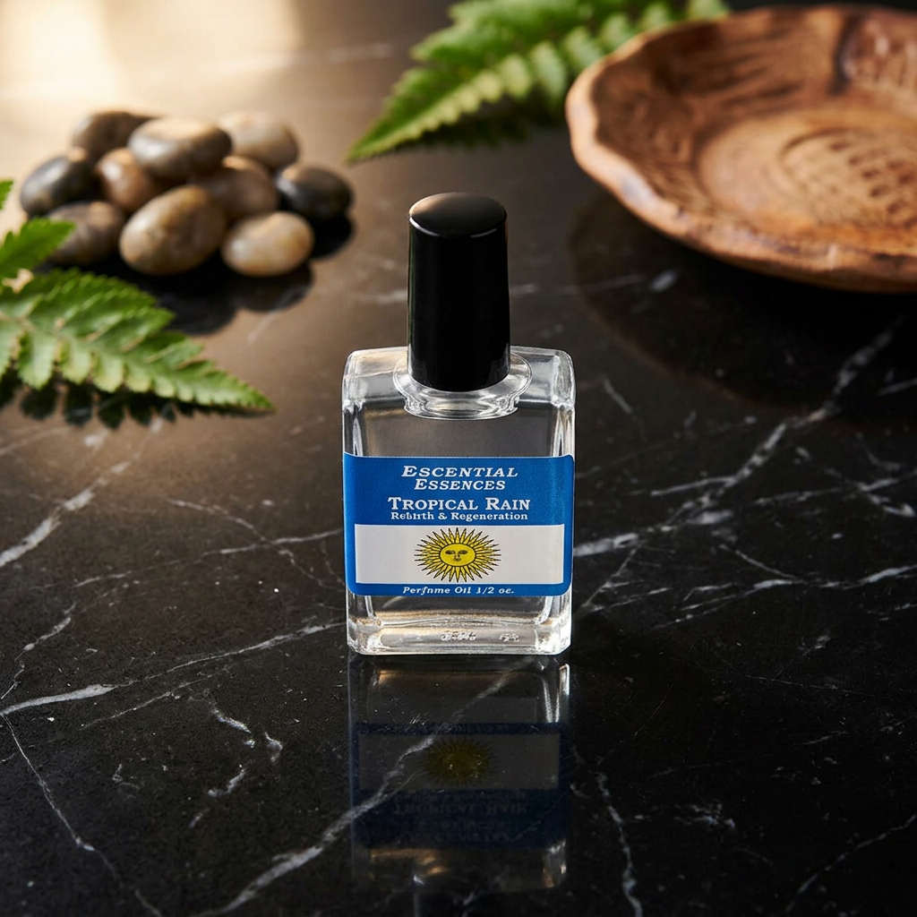 Overhead detailed view of tiny Tropical Rain essential oil bottle on reflective black marble with cinematic lighting emphasizing glass and golden oil.