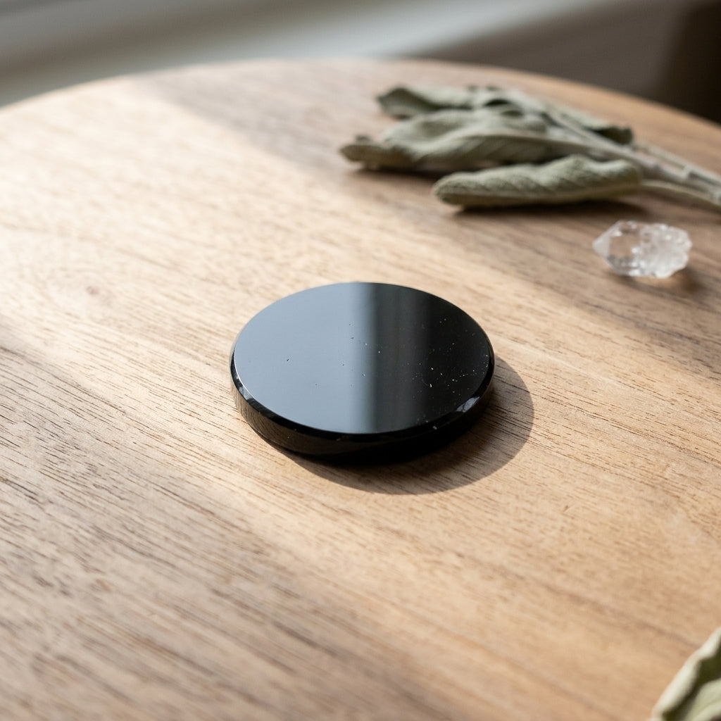 Small black obsidian scrying mirror placed on a natural wooden surface, highlighting its reflective dark surface and smooth edges.