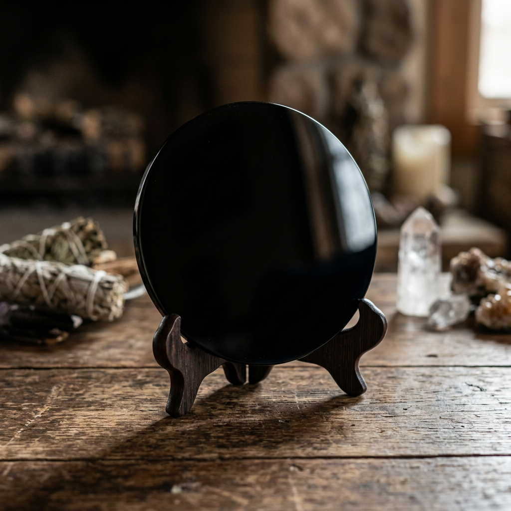 Small 12cm black obsidian scrying mirror on rustic wooden surface with metal stand, in a calm spiritual setting with natural light.
