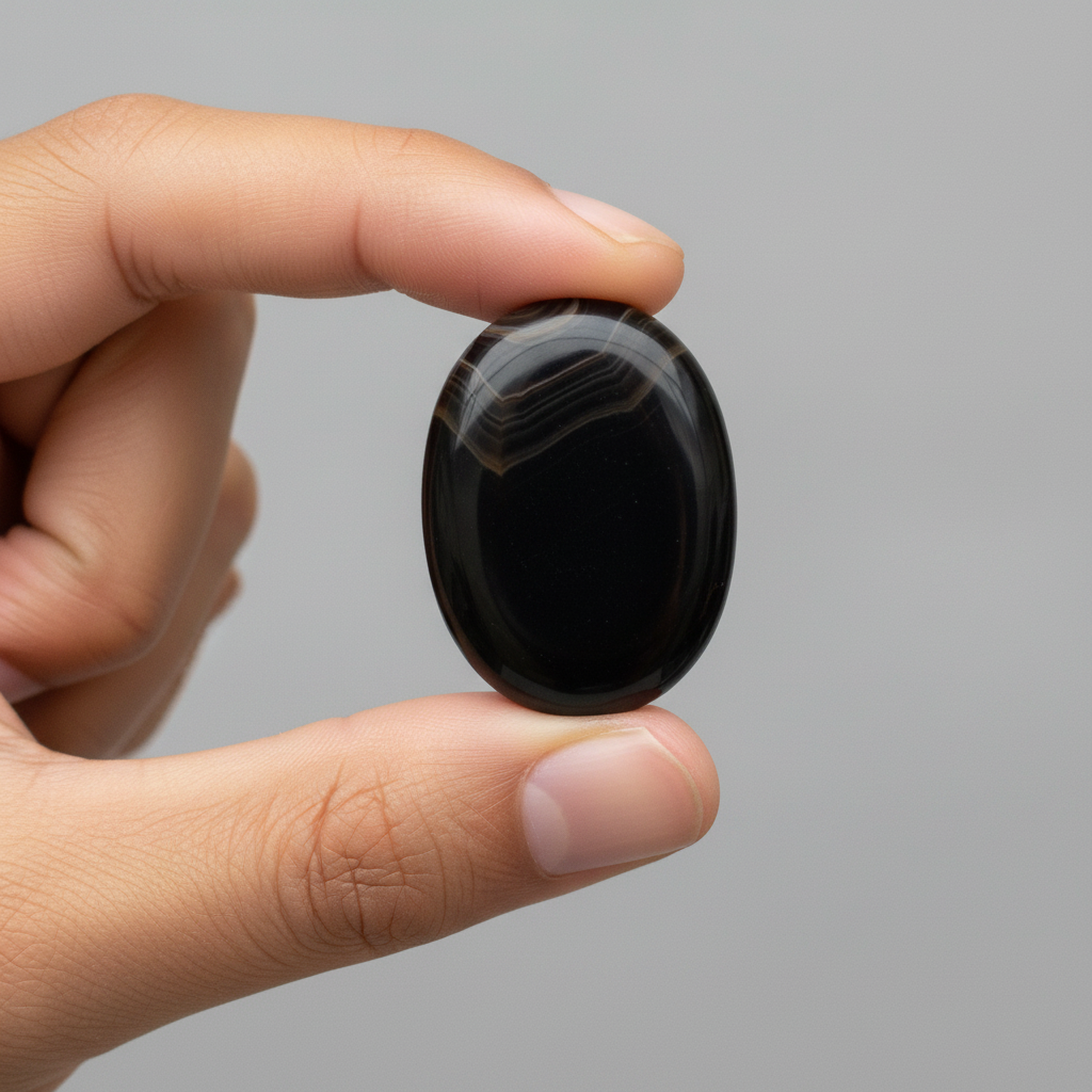 Black Onyx Worry Stone, held in hand