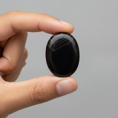 Black Onyx Worry Stone, held in hand