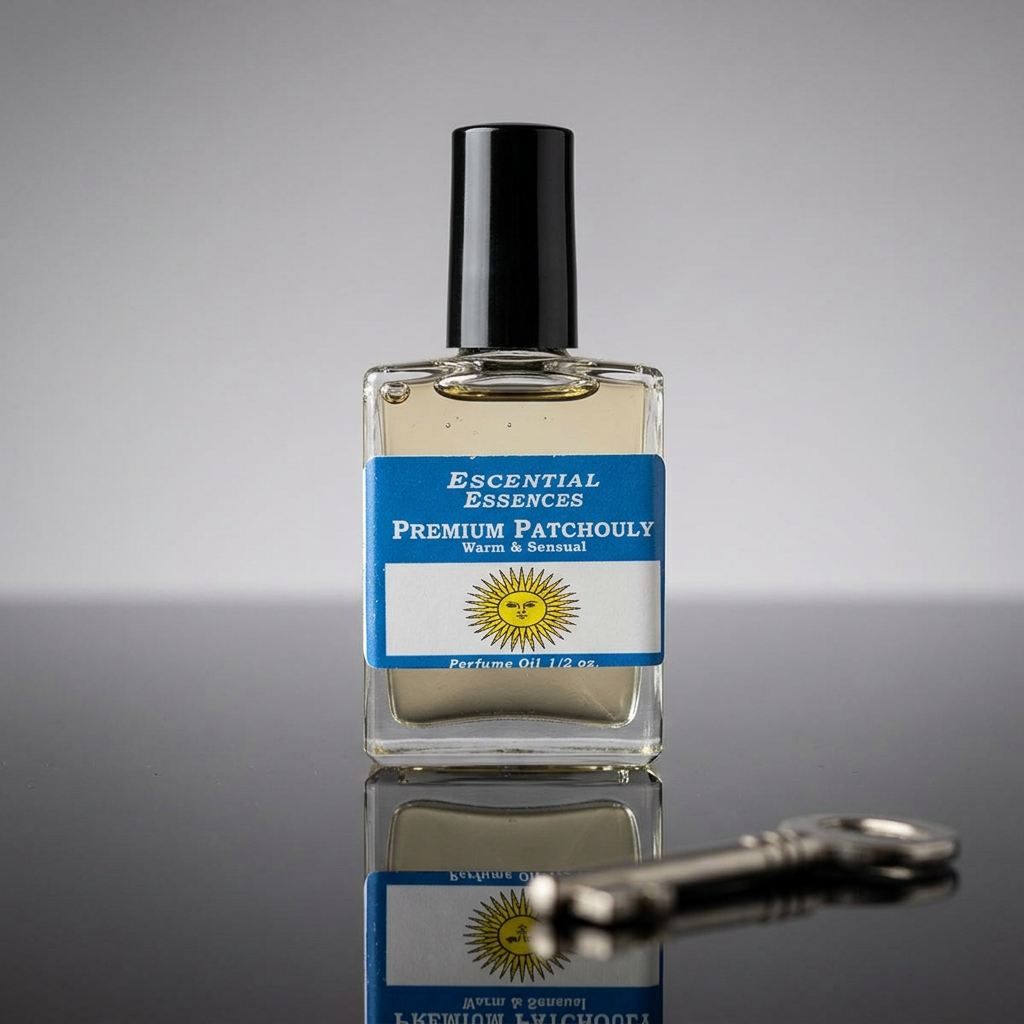 Close-up of Patchouli perfume oil bottle on sleek black surface with neutral studio background, focusing on crystal clarity and amber hue.