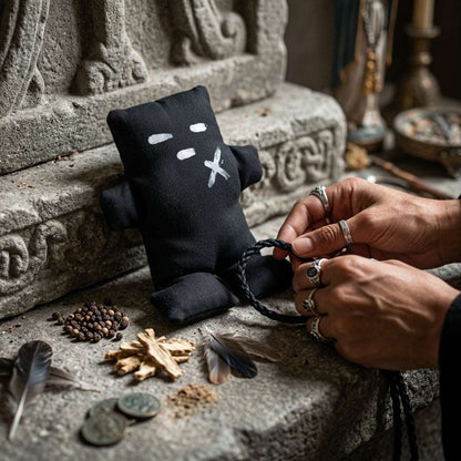 Small black voodoo doll on stone altar surrounded by herbs like black pepper and angelica in natural sunlight.