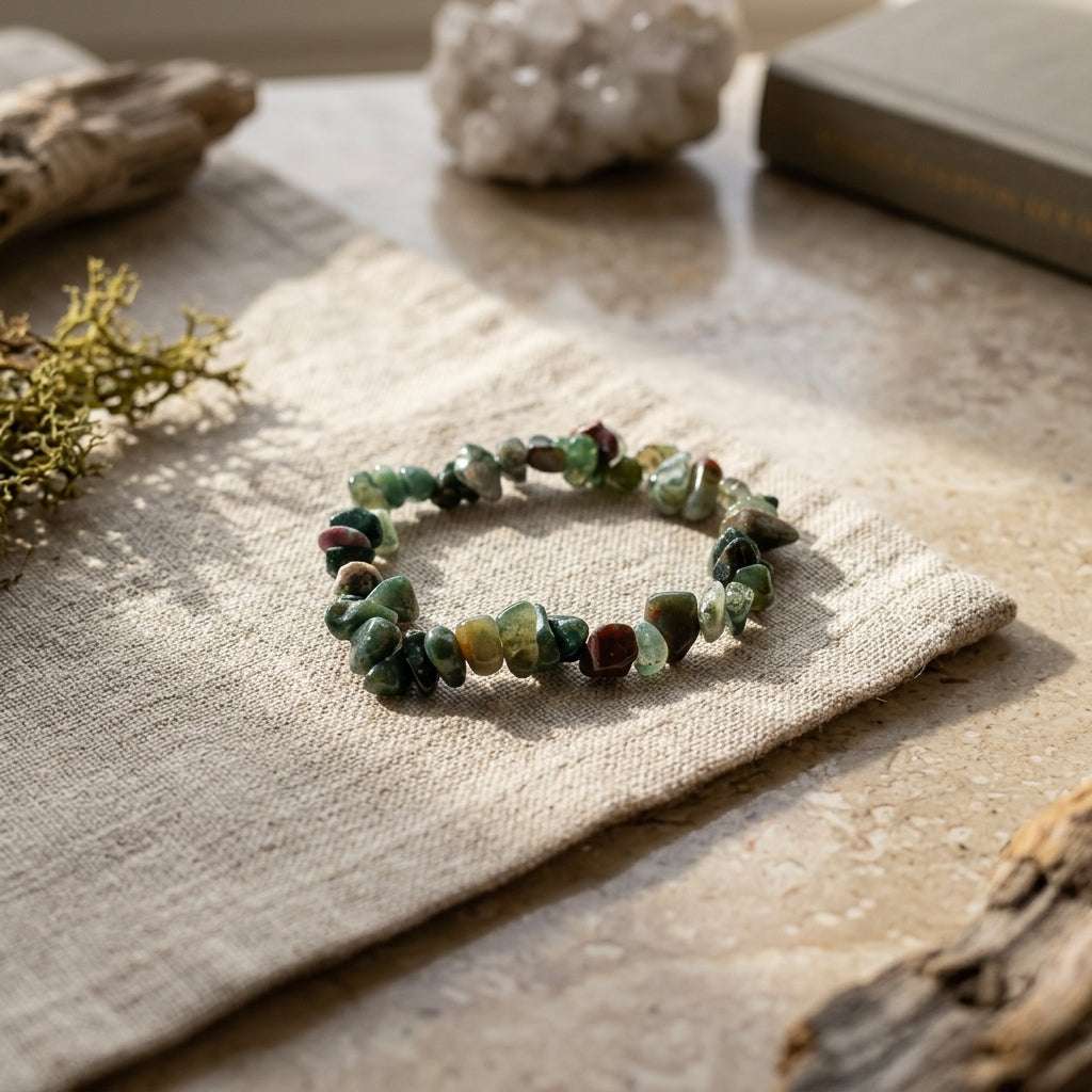 Bloodstone chip bracelet displayed on linen cloth in natural daylight showing micro-texture.