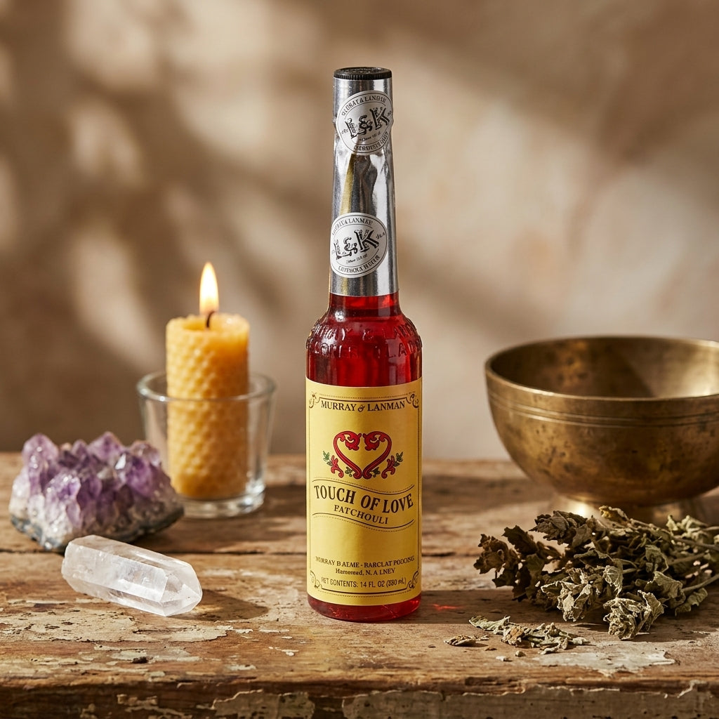 Petite patchouli cologne bottle set on a boho-style altar with candles, crystals, and herbs, capturing spiritual ritual ambiance.