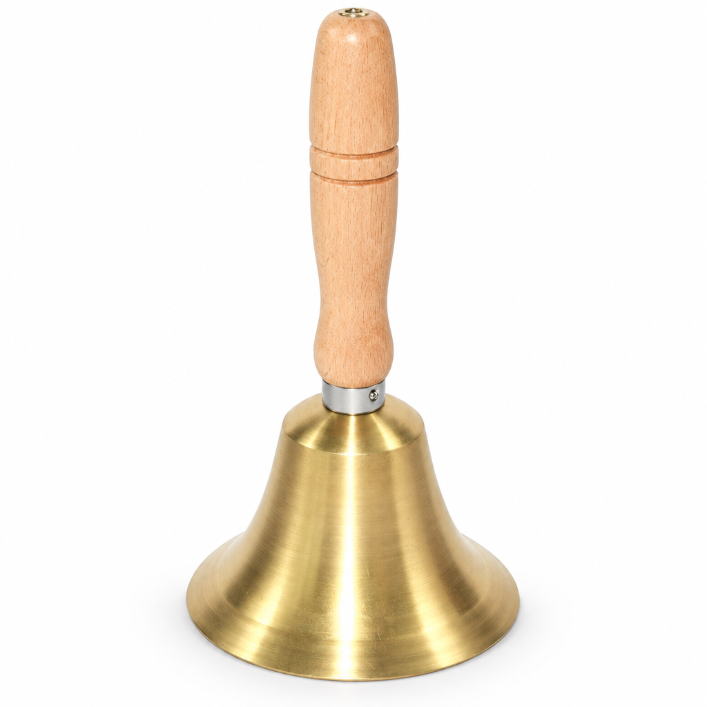Brass and wood hand bell on white