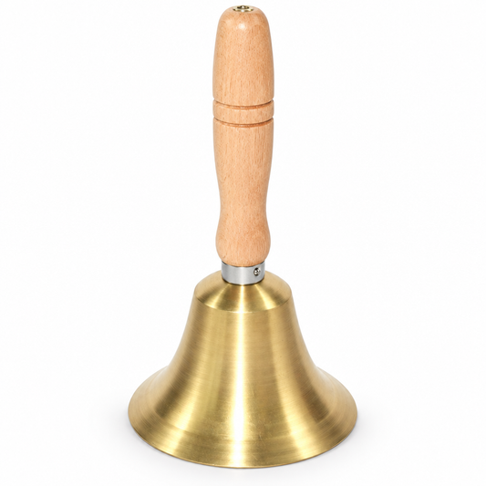 Brass and wood hand bell on white