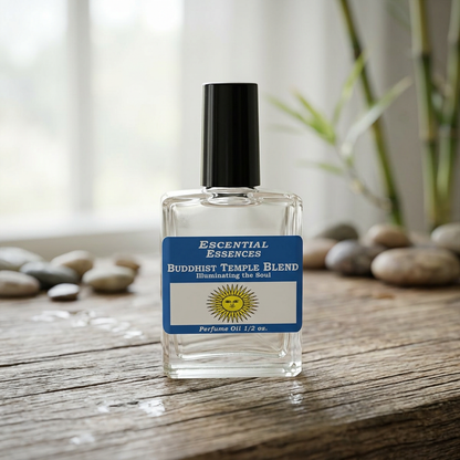 Close-up of 0.5oz Buddhist Temple Perfume Oil bottle on wooden surface with Zen-like background, highlighting glass clarity and serene ambiance.