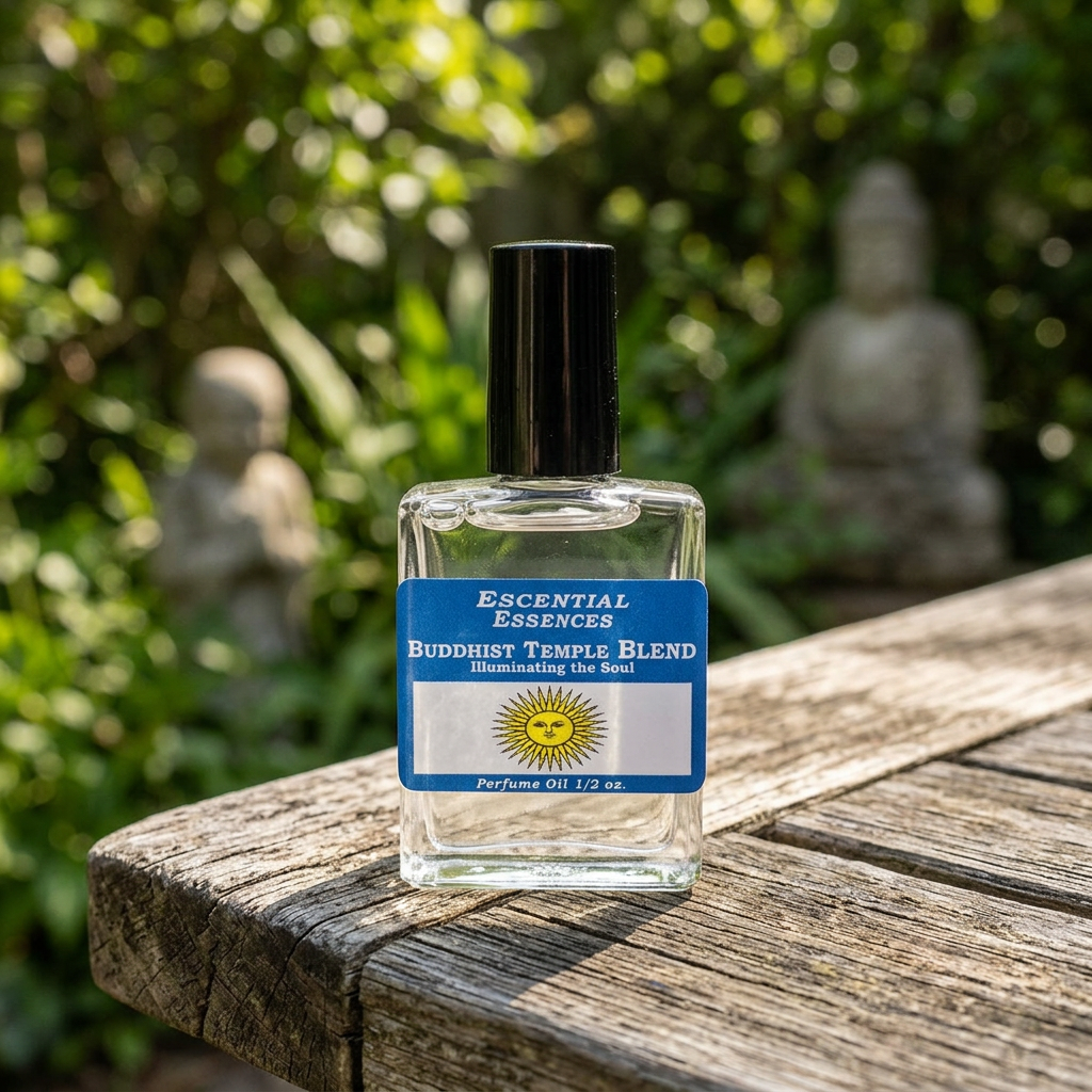 Outdoor scene of Buddhist Temple Perfume Oil bottle on garden table with greenery and stone sculptures, evoking enlightenment and calm.