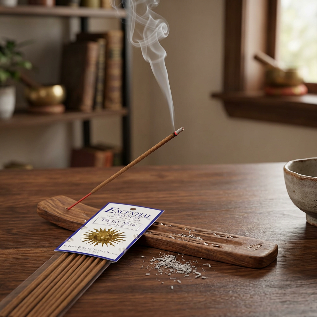 Close-up of a partially burned Tibetan Musk incense stick tip with curling smoke, showing micro-texture and warm indoor lighting.