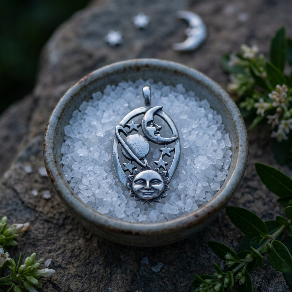 Realistic scene of a small celestial amulet in a rustic ceramic bowl filled with salt, outdoors at twilight, highlighting craftsmanship and celestial design.