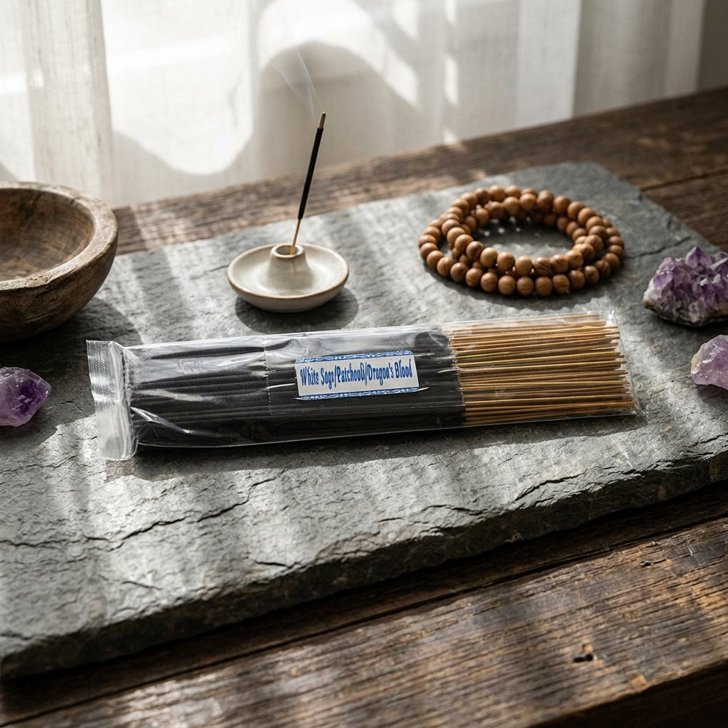 Indoor scene of ceramic holder with incense sticks on altar with stone, wood elements, soft daylight, tranquil atmosphere.