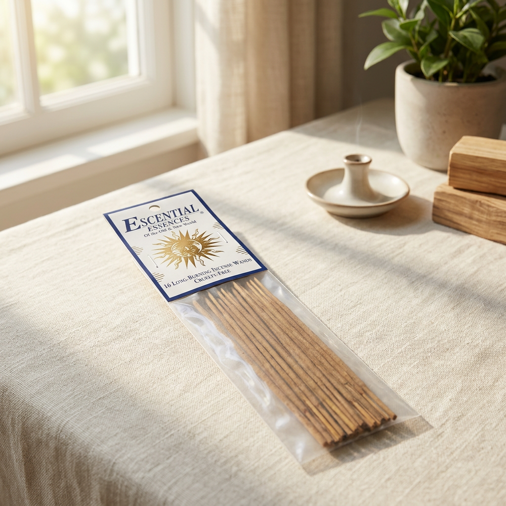 Petite White Sage & Palo Santo sticks in an elegant ceramic holder on cream fabric, bathed in warm morning light for spiritual ambiance.