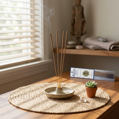 Full-body scene of incense sticks in ceramic holder on natural fiber mat in peaceful, sacred space with natural light.