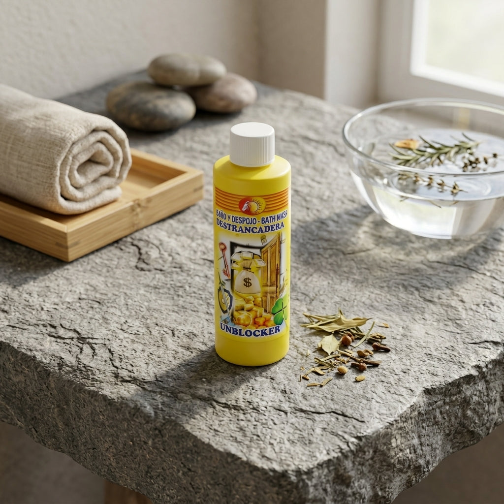 Photorealistic image of the 8oz Unblocker Ritual Wash on a textured stone countertop in a minimalist bathroom setting.