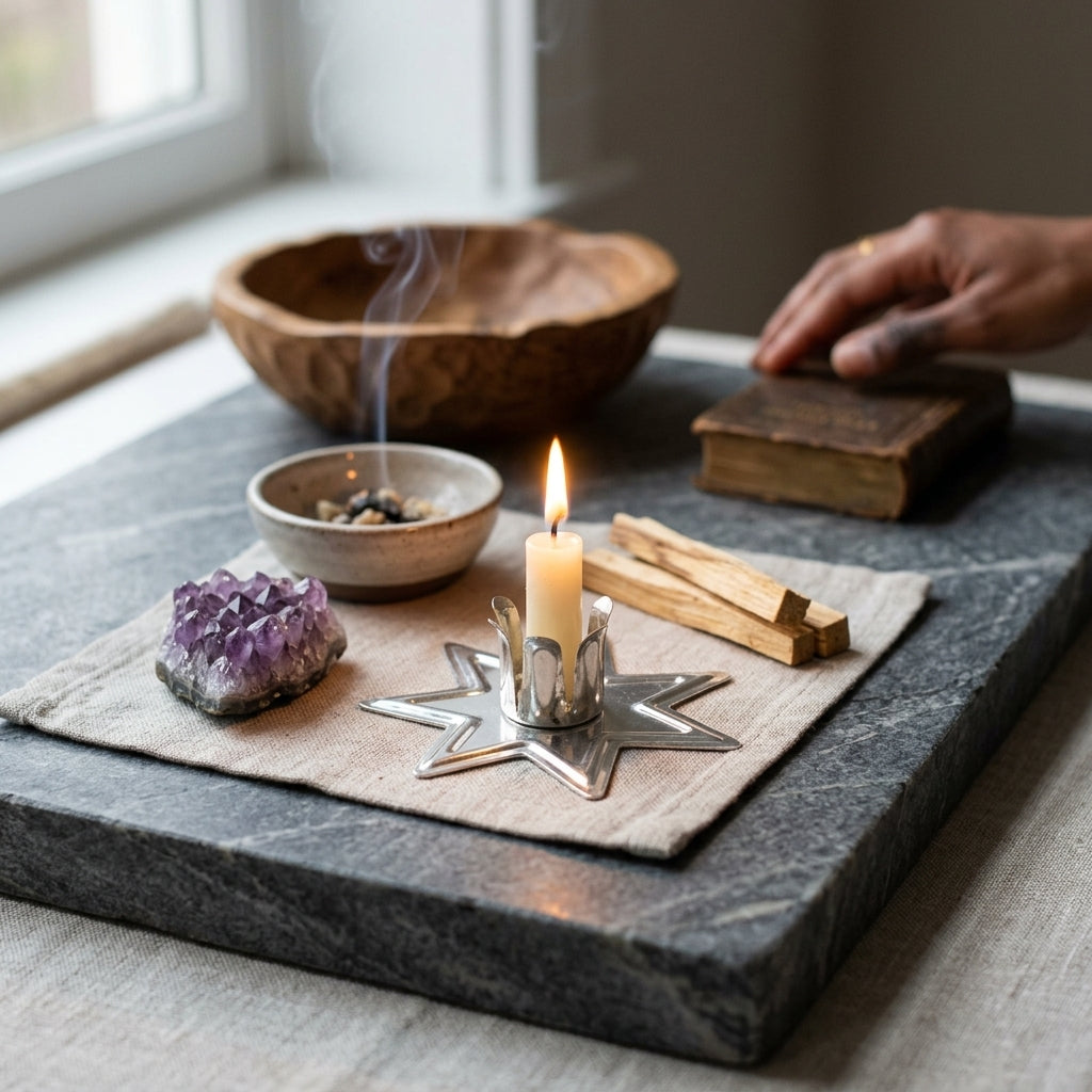 Full body scene of small silver fairy star chime candle holder on natural stone altar with ritual objects in ambient candlelight.