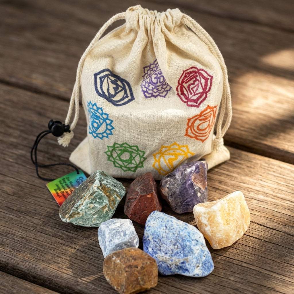 Raw chakra stones set of seven in a pouch on a wood surface, ideal for energy healing and meditation.