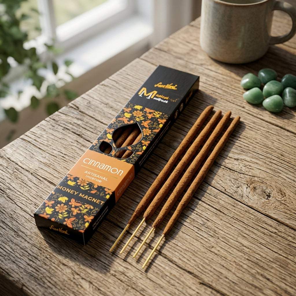 Close-up of a tiny cinnamon manifest incense stick in a rustic ceramic holder on a wooden table with greenery in the background.