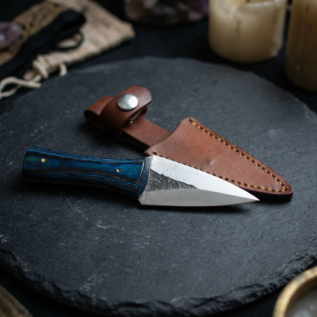 Horizontal display of a tiny arrowhead athame on dark matte surface, emphasizing blade micro-details and vibrant handle.