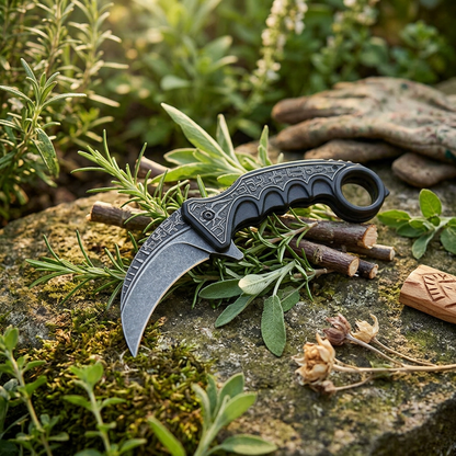 Photorealistic close-up of a 7-inch black folding pruning blade in a garden during golden hour, highlighting the matte handle and sharp stainless steel blade.