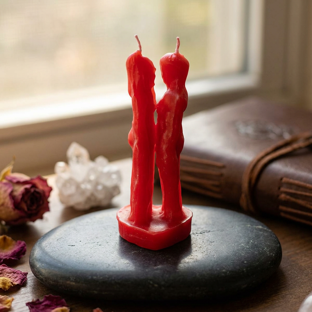 Close-up of 7-inch Red Lovers Candle lying on reflective black stone, showcasing wax texture and subtle glow.