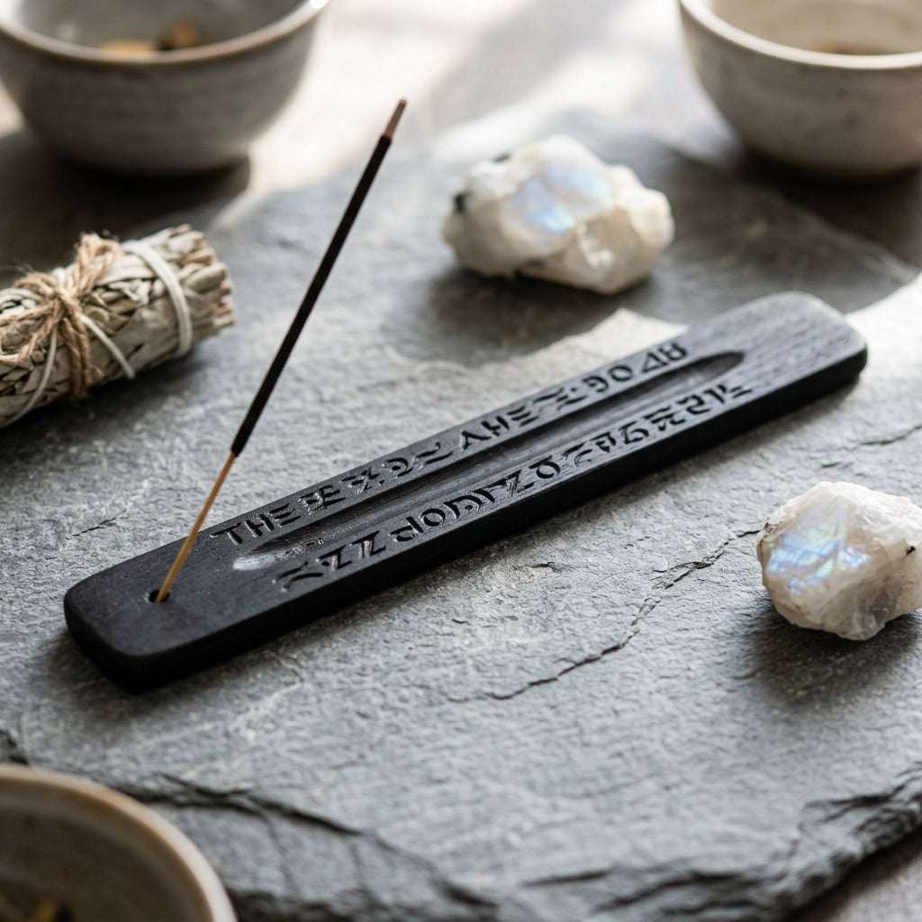 Detailed view of small black ash catcher with carved design and incense hole, placed on stone in a ritual setting with spiritual tools.
