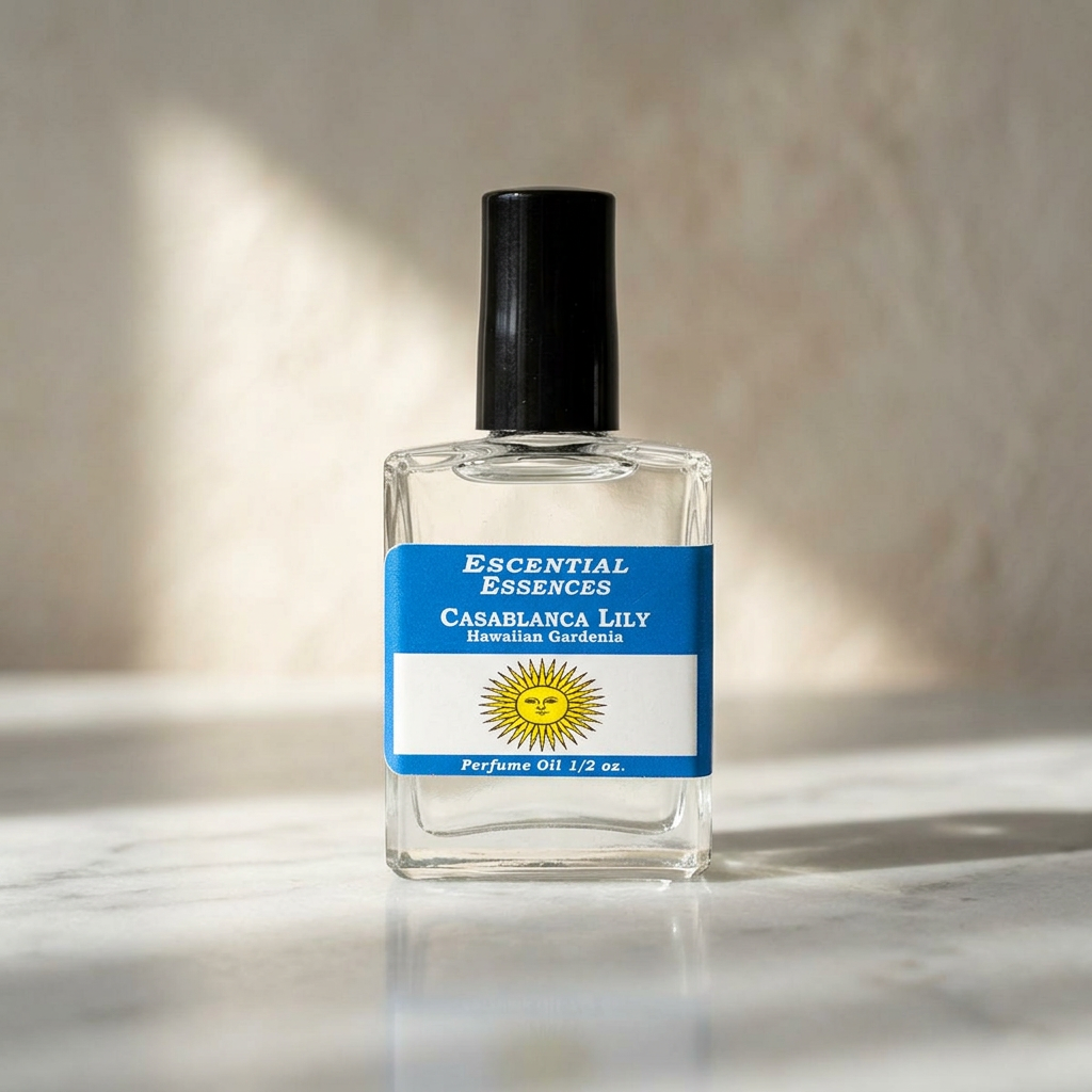 Photorealistic close-up of Casablanca Lily Perfume Oil in a clear glass bottle on a marble surface, highlighting fine details and natural lighting.