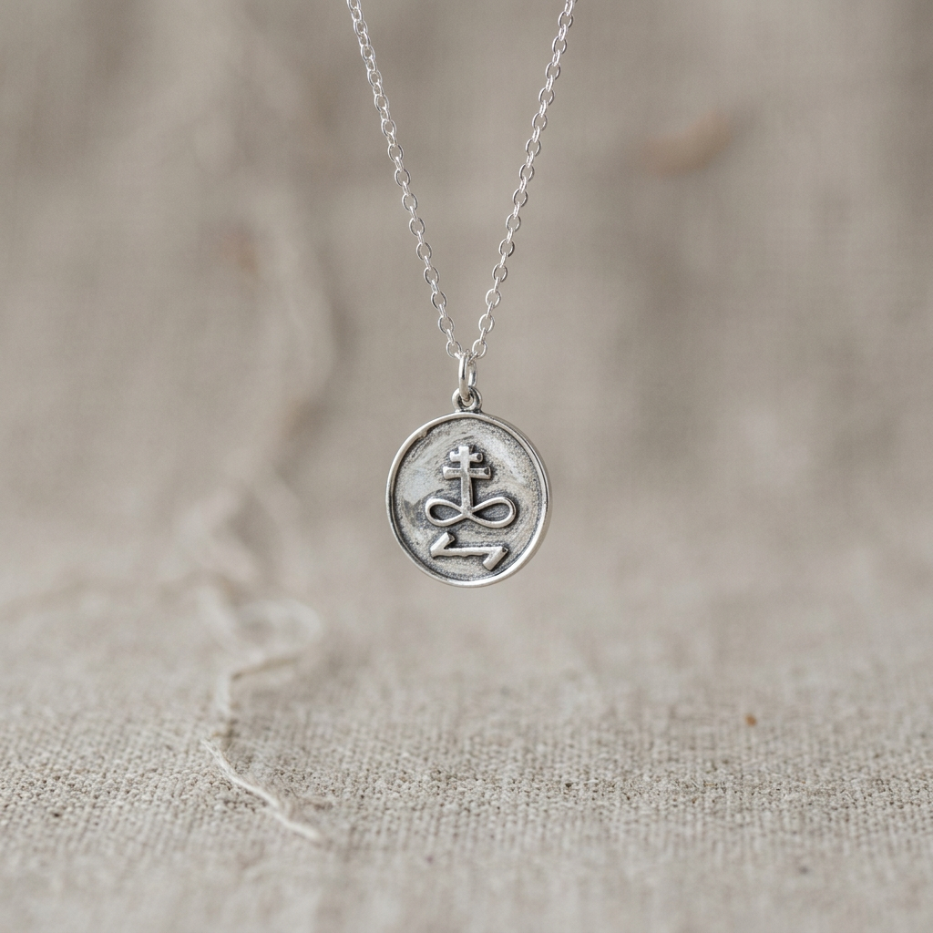 Detailed close-up of small silver Destroy Enemies talisman hanging from minimalist chain against neutral fabric background, emphasizing craftsmanship.