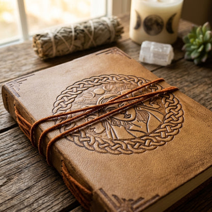 Detailed shot of the leather journal's private cord closure with textured leather and natural background elements.