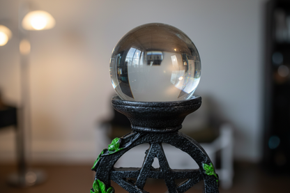 Clear Gazing Ball with Pentagram Stand, 50mm, 7 Inch Tall, shown in use
