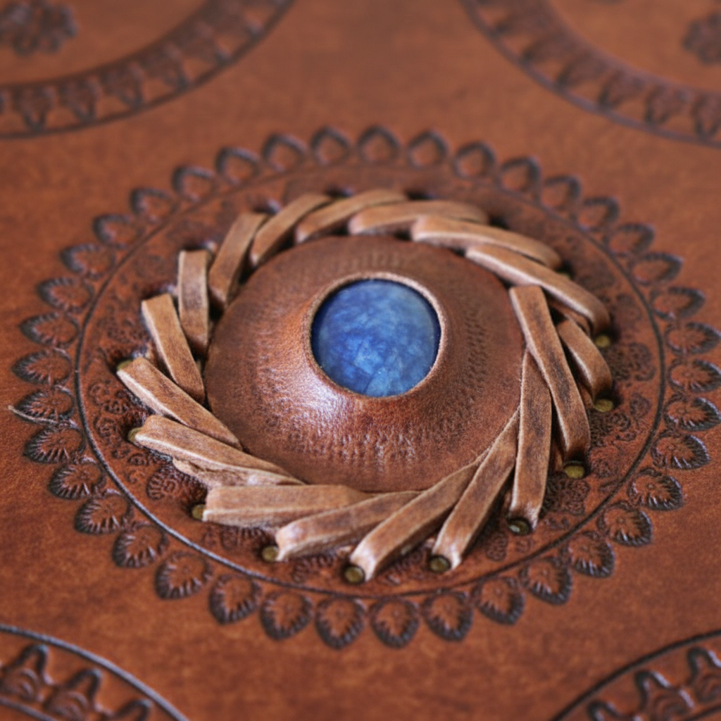 God's Eye Embossed Leather Journal, 5" x 7", shown in use