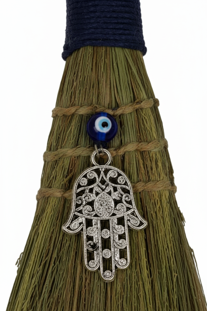 Evil Eye and Fatima Hand Broom, 9 Inch, detail view