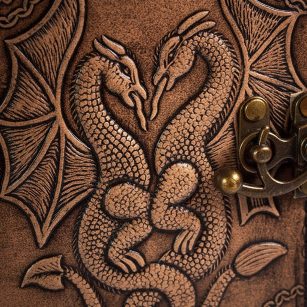 Double Dragon Leather Journal with Latch, detail view
