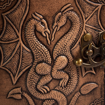 Double Dragon Leather Journal with Latch, detail view