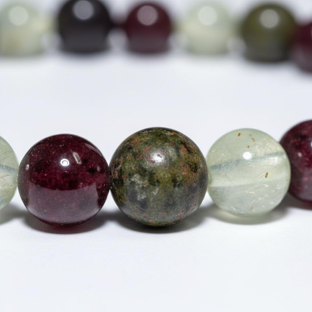 Dragon Blood Jasper, Garnet and Prehnite Bracelet, 6mm, detail view