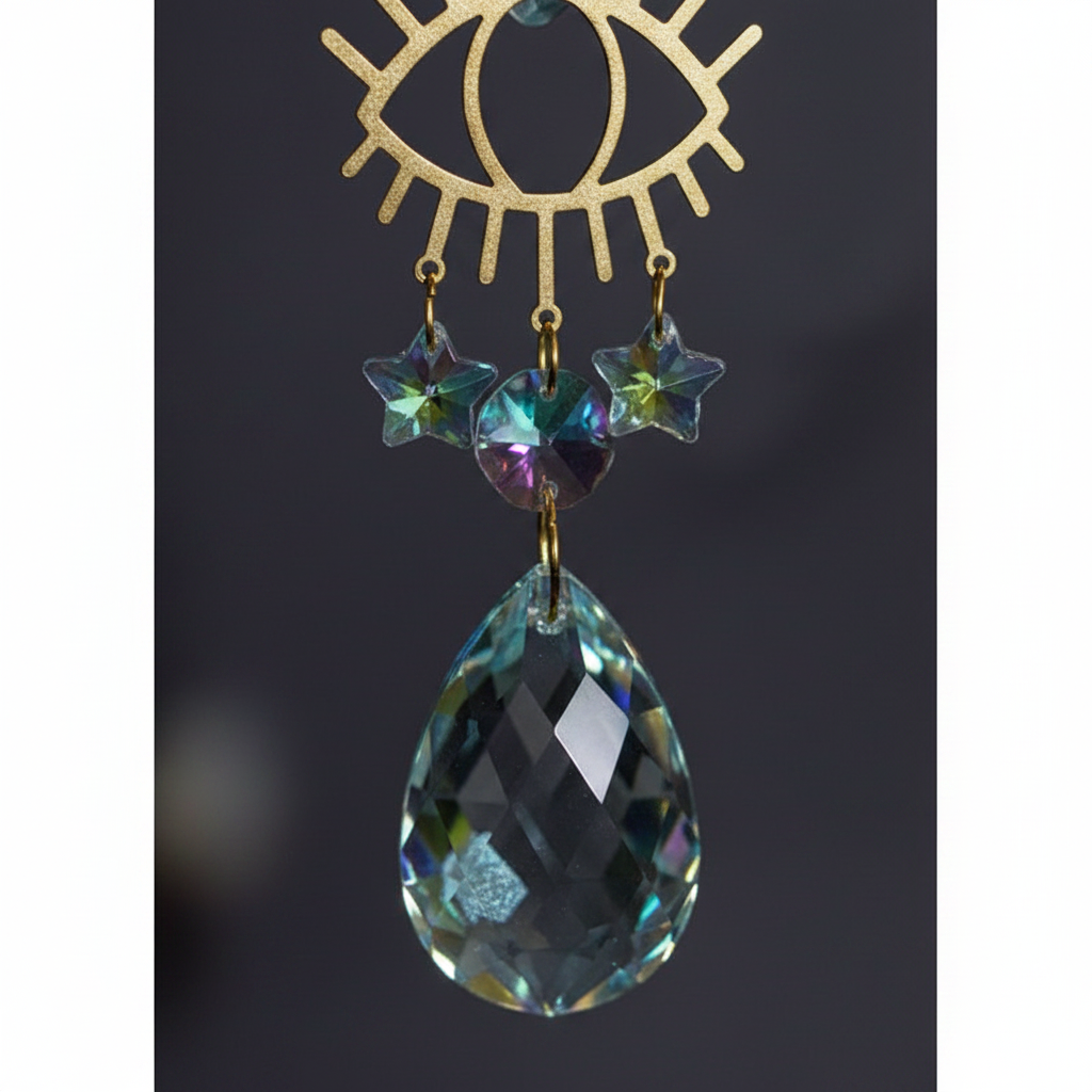 Evil Eye Crescent Sun Catcher, 16 Inches, shown in use