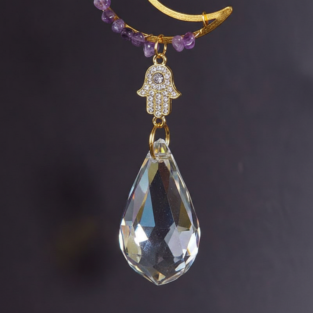 Celestial Crescent Sun Catcher with Hamsa, 16 Inch, alternate view