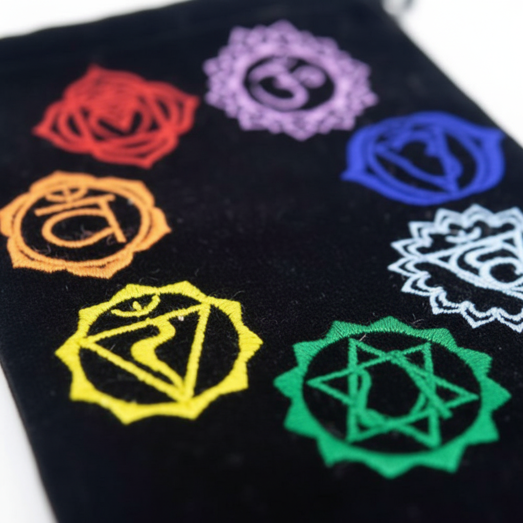 Black Embroidered Chakra Pouches, Set of 10, 5 x 7 Inches, detail view