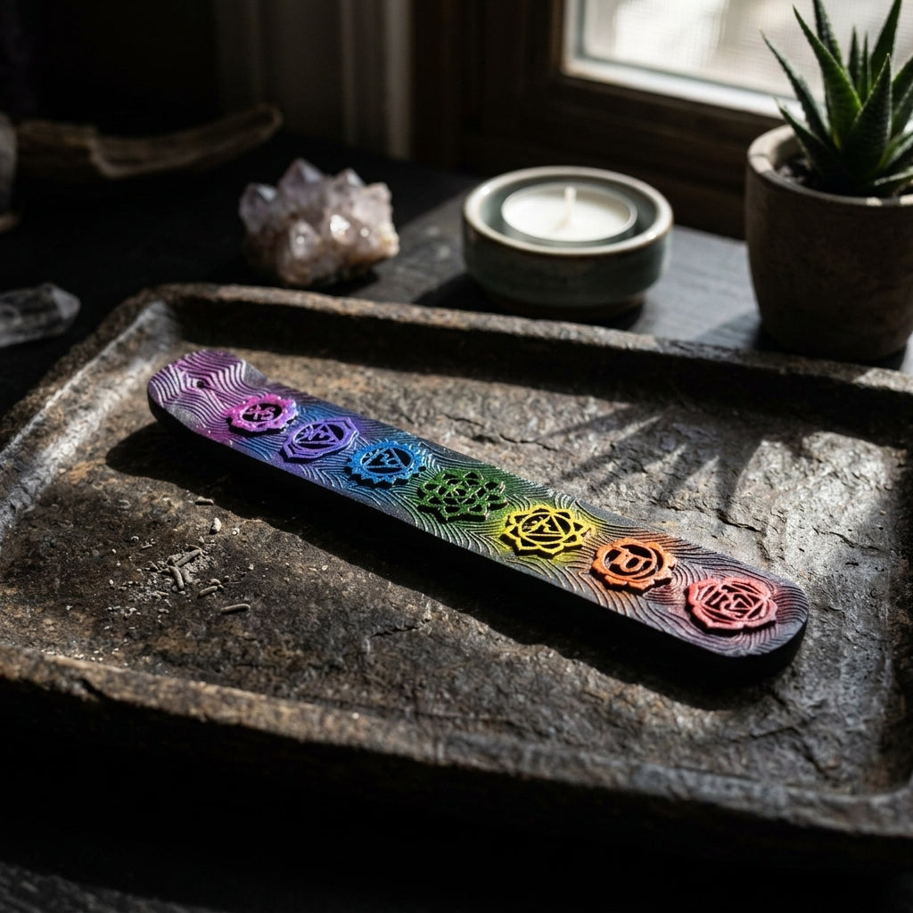 Close-up of petite Seven Chakra Incense Burner displaying detailed painted symbols on a dark stone tray with ritual setting.