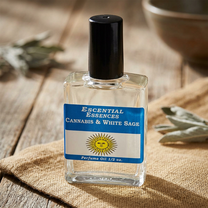 Photorealistic close-up of Cannabis & White Sage Perfume Oil bottle, glass with oily liquid on a wooden surface with natural sunlight.