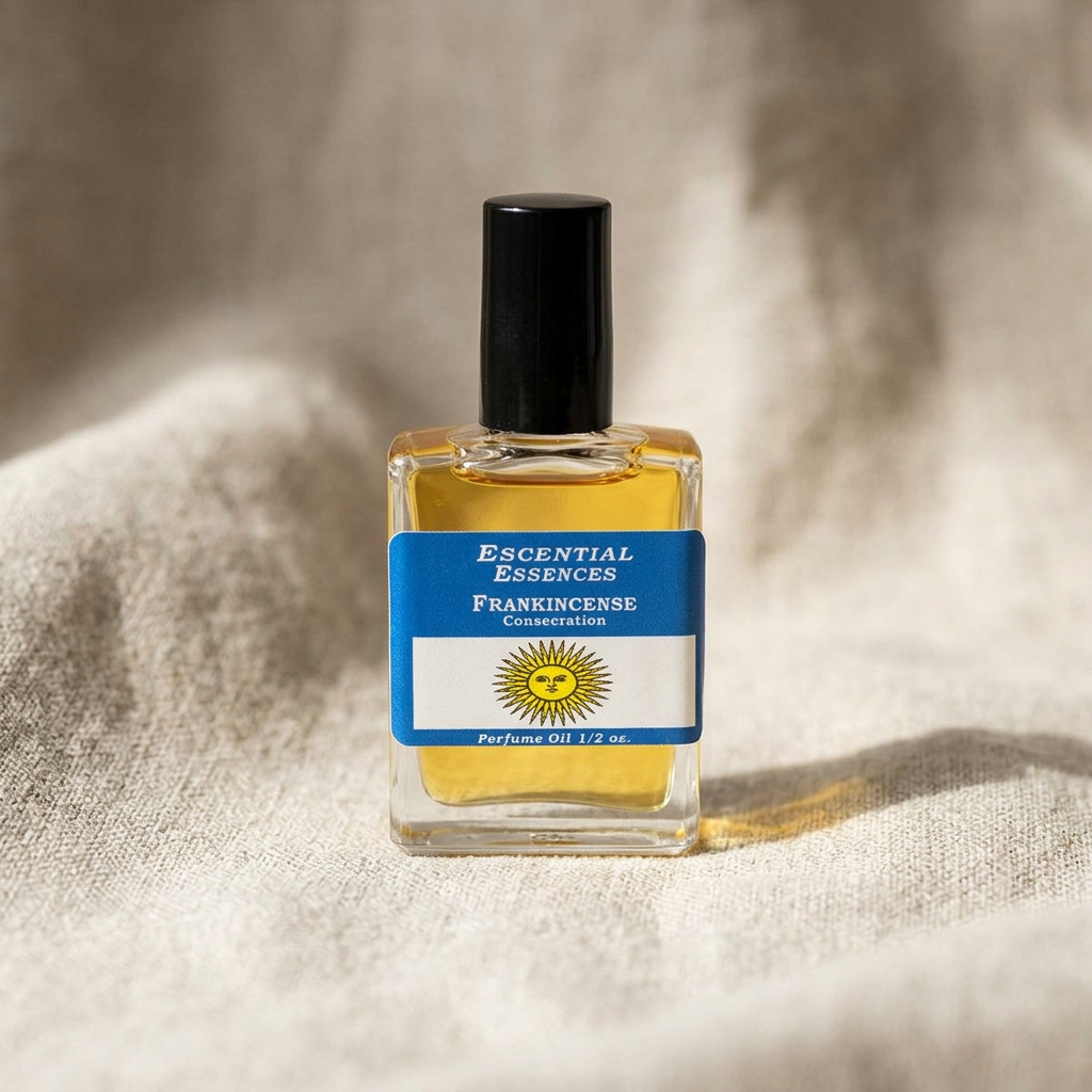 Close-up of 1/2 oz frankincense perfume oil bottle by Escential Essences on textured beige fabric, highlighting amber oil and glass details.