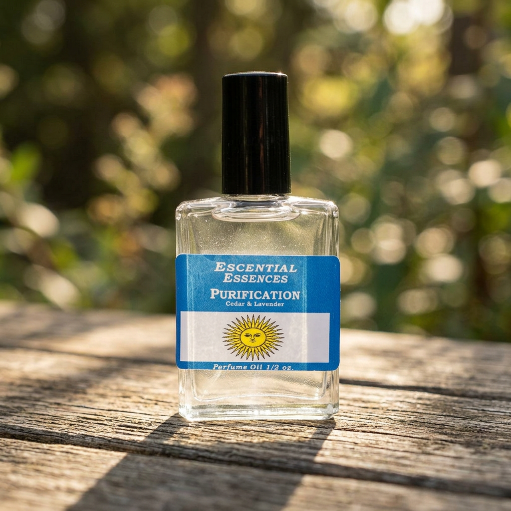 Detailed close-up of Purification Perfume Oil bottle on natural wooden surface, highlighting glass clarity and subtle shimmer in outdoor lighting.