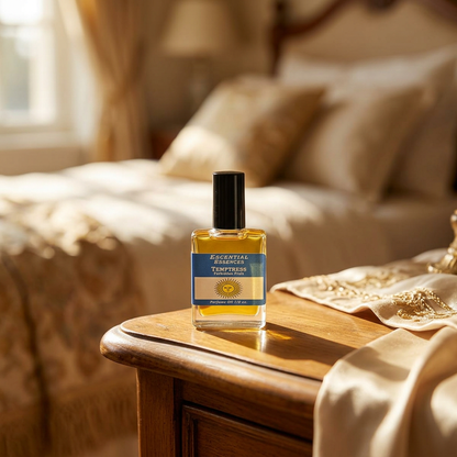 Photorealistic close-up of 1/2oz Temptress Escential Essences oil bottle in an elegant bedroom setting, emphasizing its petite size, glass texture, and refined cap.