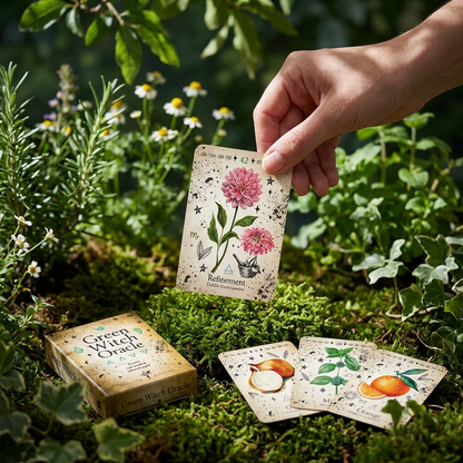 Ultra-realistic close-up of a single Green Witch Oracle Card held over moss in a lush garden, with detailed botanical illustrations and dappled sunlight.