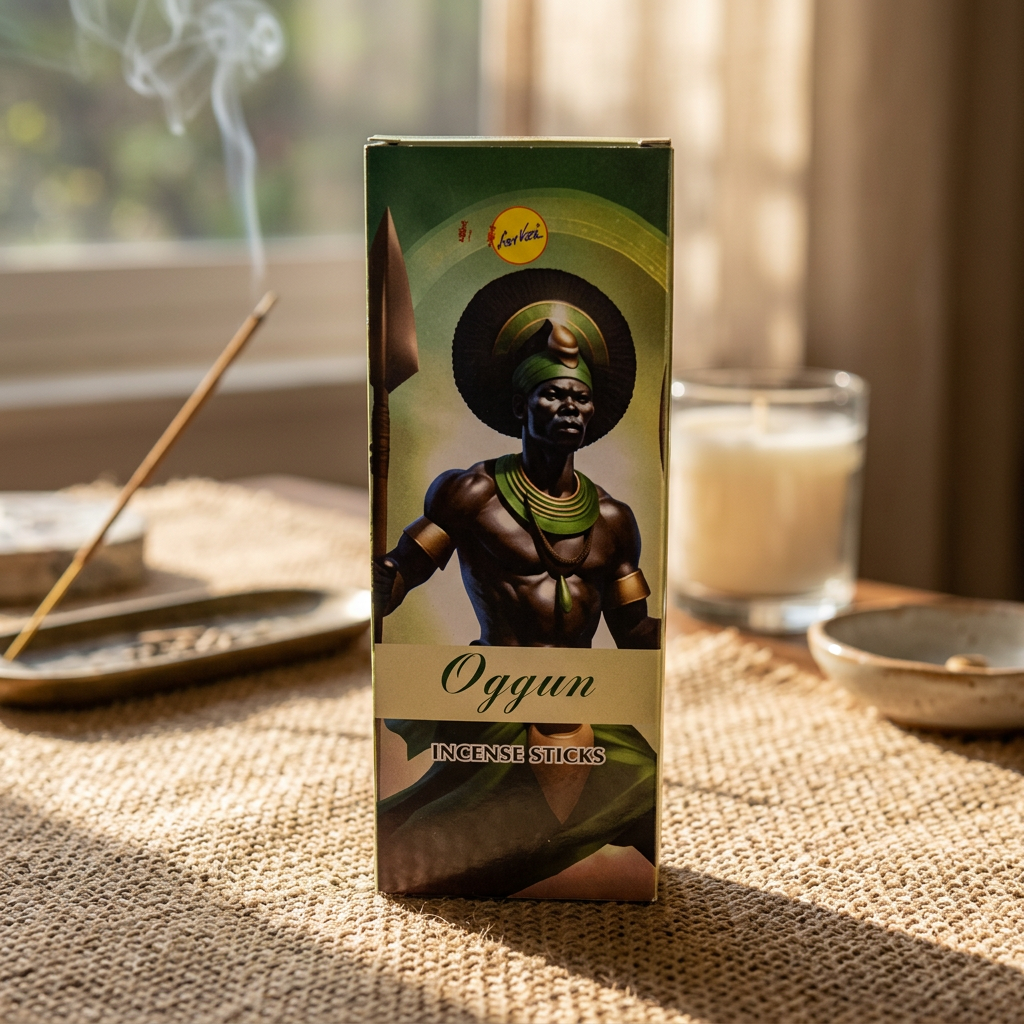 Detailed close-up of Ogun sree vani incense stick box on woven cloth, focusing on craftsmanship and earthy tones.