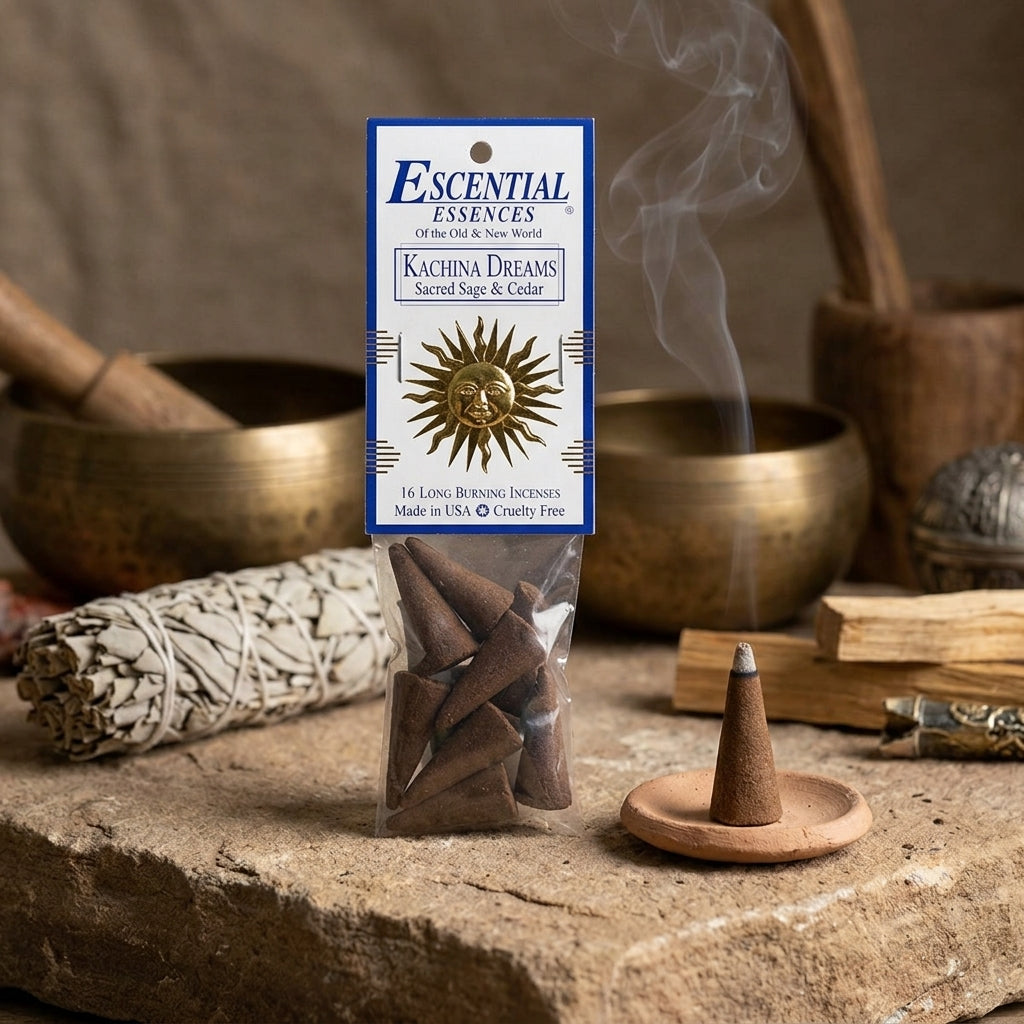 Close-up of an incense cone in a textured holder within an authentic ritual environment with subtle lighting and natural shadows.