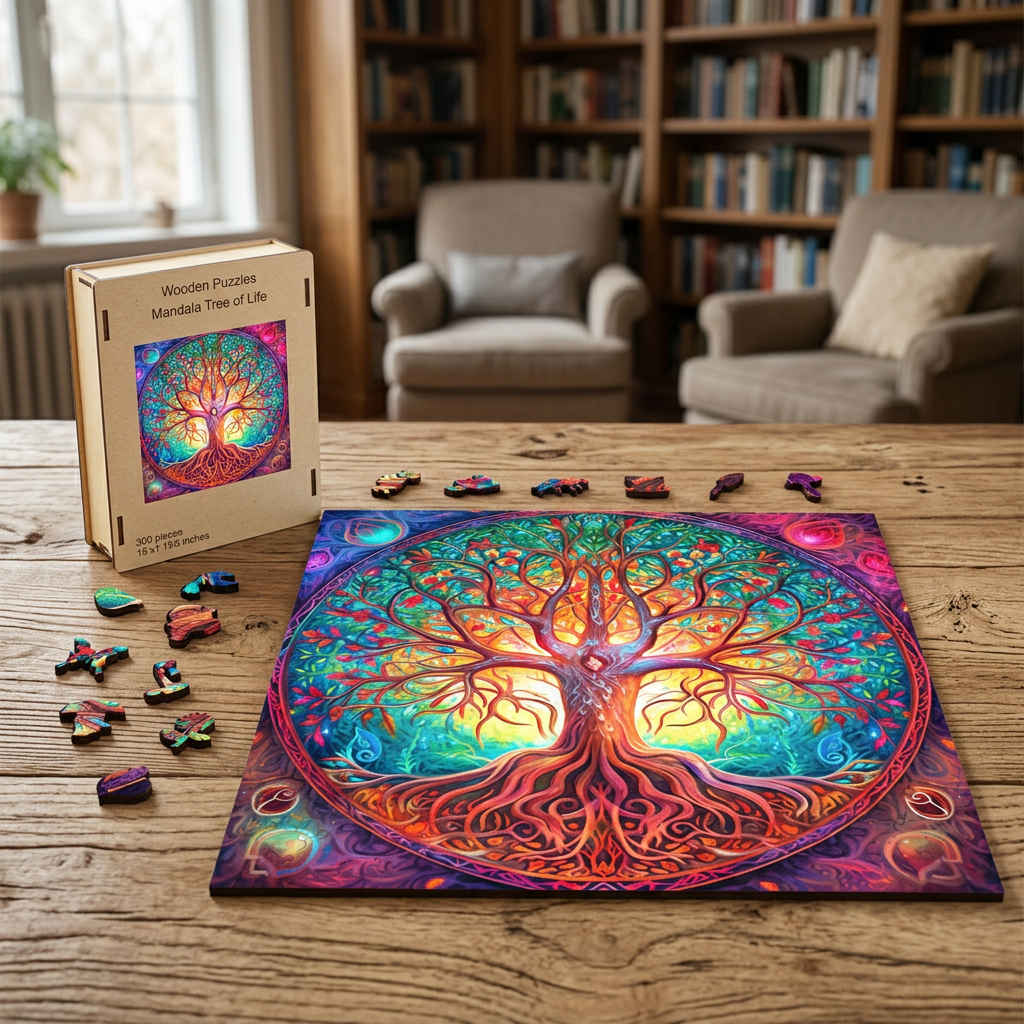 Hyper-realistic macro shot of the Tree of Life wood puzzle showing detailed laser-cut pieces and rich wood grains with vibrant UV colors.