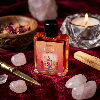 Macro shot of Jala Jala Oil bottle with ritual tools on dark velvet cloth, emphasizing glass micro-texture and warm oil glow.