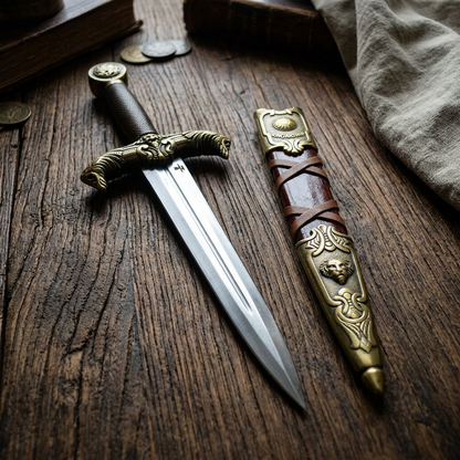 Close-up of 15 ½-inch King Arthur sword showing detailed crest, lion decorations, textured handle, and ornate sheath on textured wood.